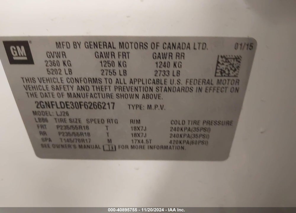 2015 CHEVROLET EQUINOX LTZ VIN: 2GNFLDE30F6266217