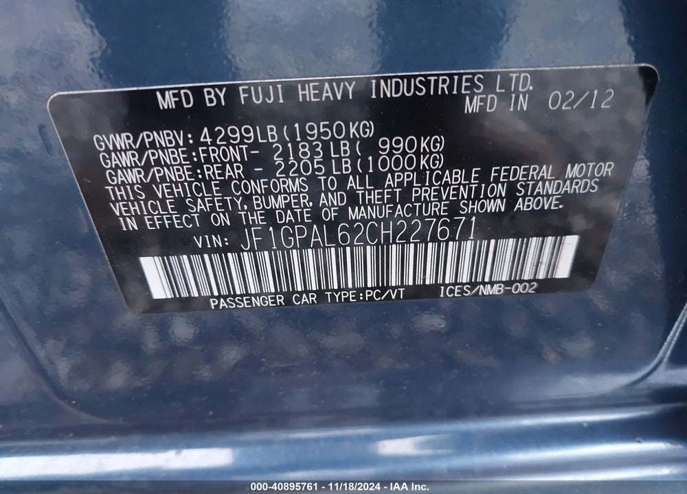 2012 SUBARU IMPREZA 2.0I SPORT PREMIUM VIN: JF1GPAL62CH227671