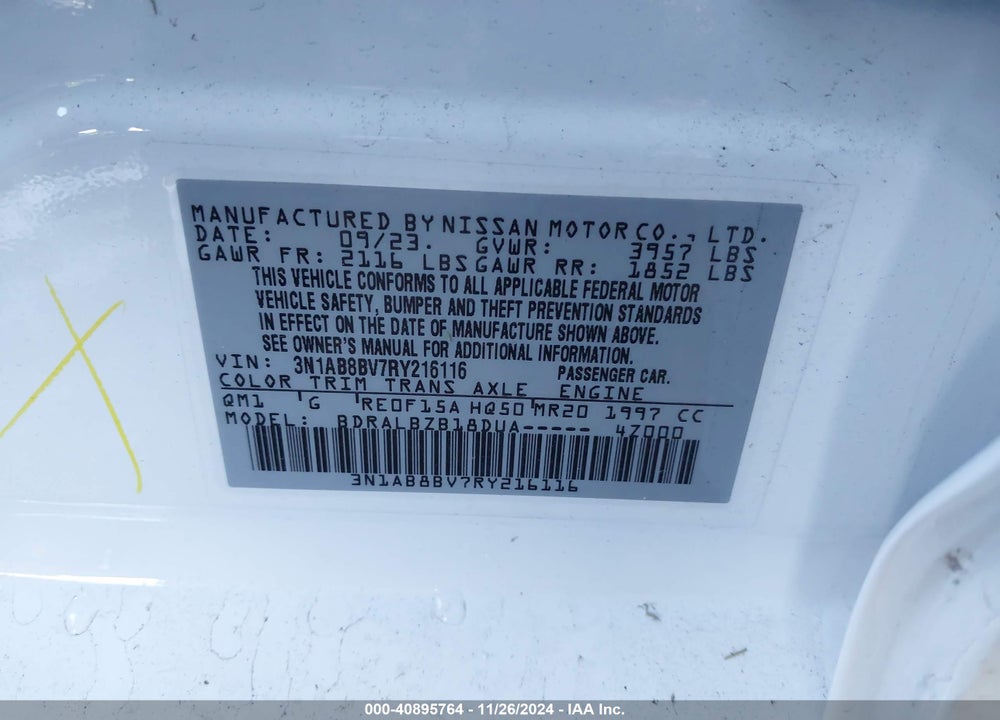 2024 NISSAN SENTRA S XTRONIC CVT VIN: 3N1AB8BV7RY216116