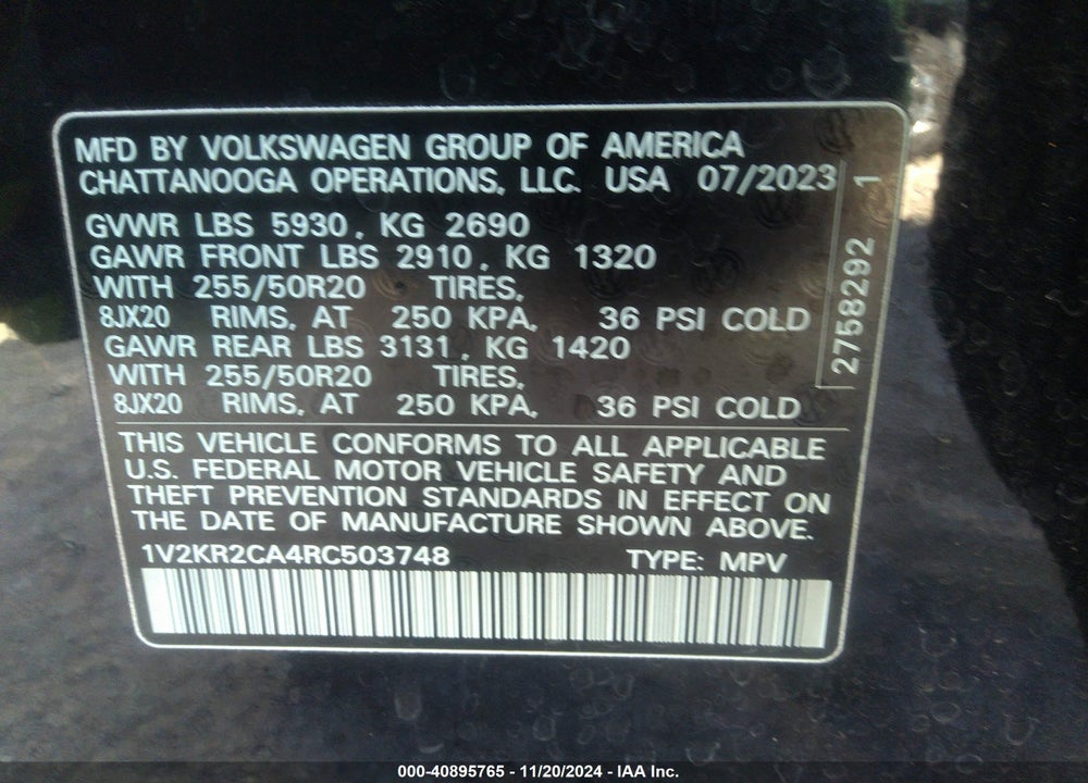 2024 VOLKSWAGEN ATLAS 2.0T SE W/TECHNOLOGY VIN: 1V2KR2CA4RC503748