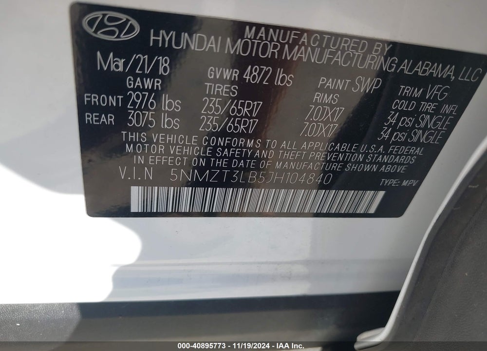 2018 HYUNDAI SANTA FE SPORT 2.4L VIN: 5NMZT3LB5JH104840