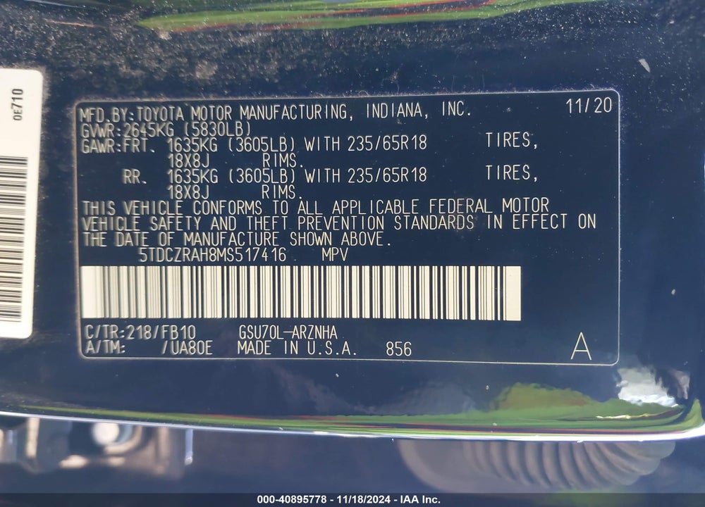 2021 TOYOTA HIGHLANDER L VIN: 5TDCZRAH8MS517416