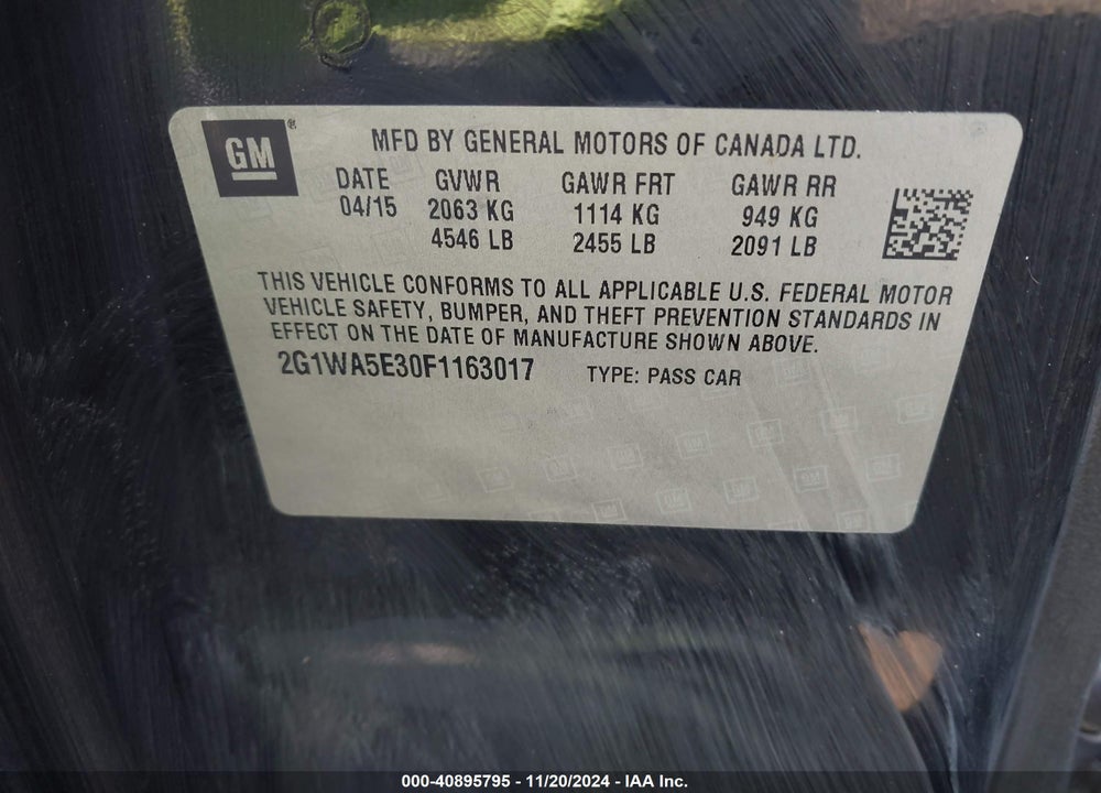 2015 CHEVROLET IMPALA LIMITED VIN: 2G1WA5E30F1163017