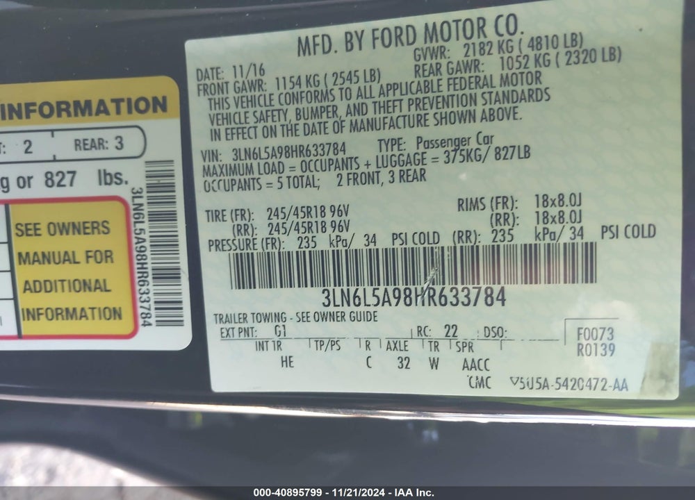 2017 LINCOLN MKZ PREMIERE VIN: 3LN6L5A98HR633784