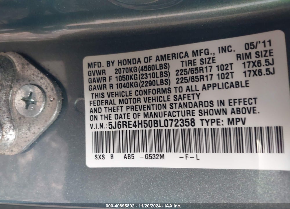2011 HONDA CR-V EX VIN: 5J6RE4H50BL072358