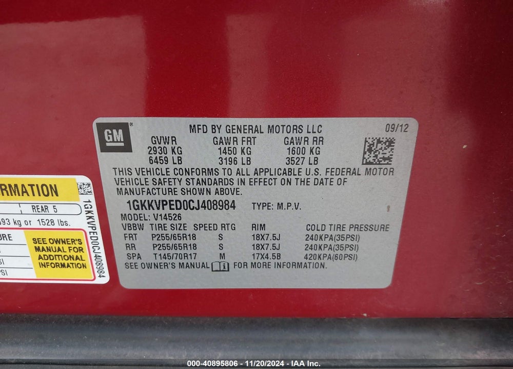 2012 GMC ACADIA SLE VIN: 1GKKVPED0CJ408984