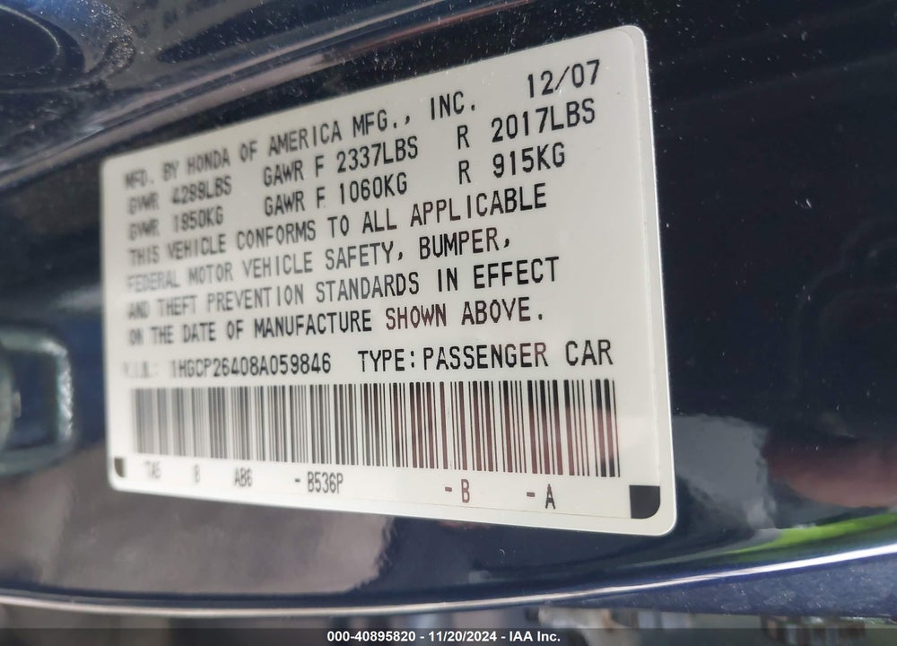 2008 HONDA ACCORD 2.4 LX-P VIN: 1HGCP26408A059846