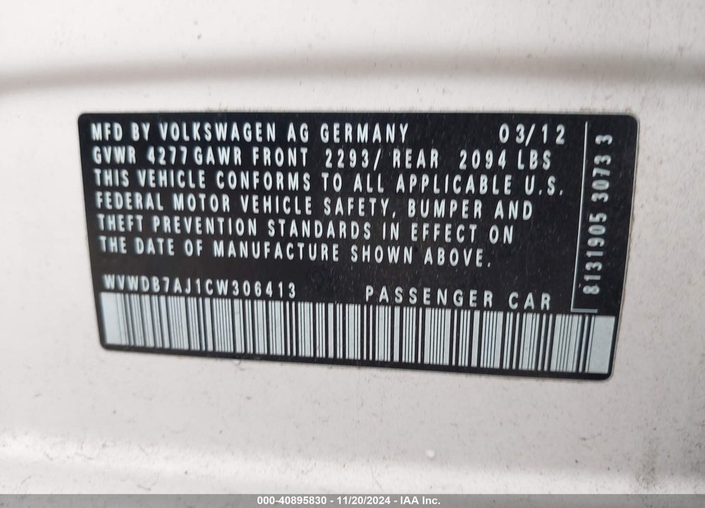 2012 VOLKSWAGEN GOLF 2.5L 4-DOOR VIN: WVWDB7AJ1CW306413