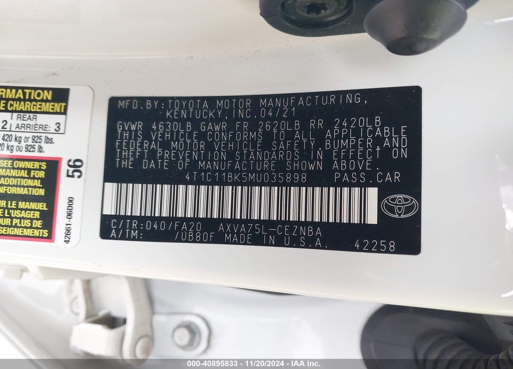 2021 TOYOTA CAMRY LE AWD VIN: 4T1C11BK5MU035898