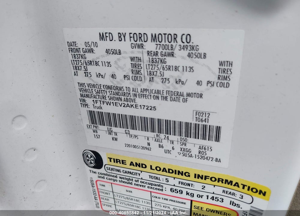 2010 HARLEY-DAVIDSON FORD F-150 FX4//KING RANCH/LARIAT/PLATINUM/XL/XLT VIN: 1FTFW1EV2AKE17225