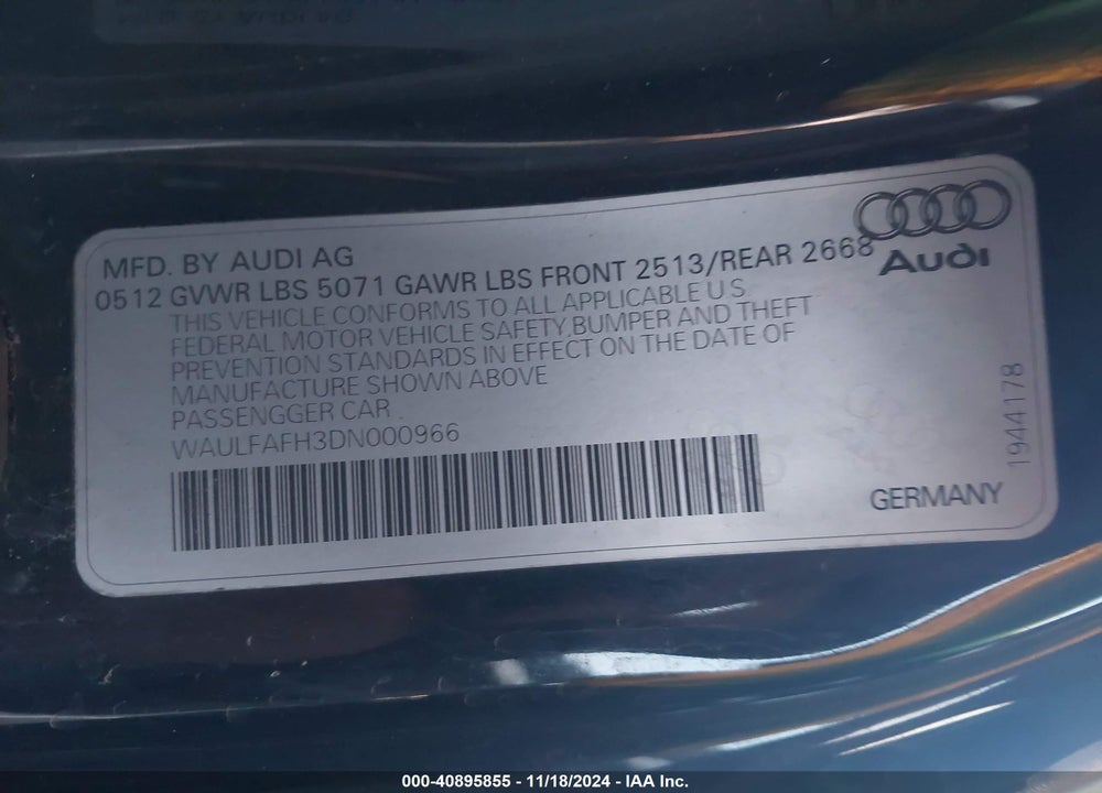 2013 AUDI A5 2.0T PREMIUM VIN: WAULFAFH3DN000966