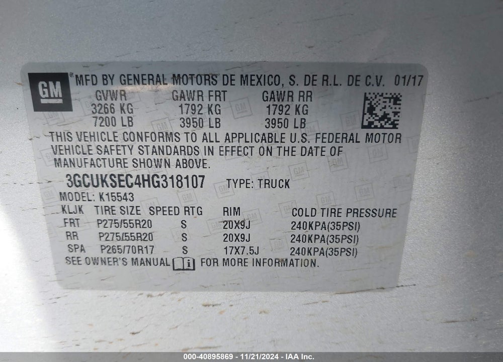2017 CHEVROLET SILVERADO VIN: 3GCUKSEC4HG318107