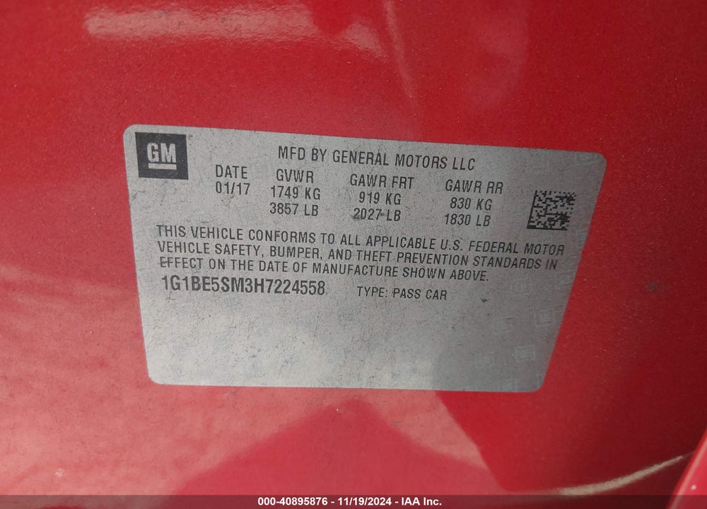2017 CHEVROLET CRUZE LT AUTO VIN: 1G1BE5SM3H7224558