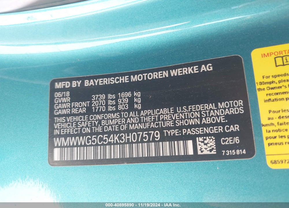 2019 MINI COOPER CONVERTIBLE VIN: WMWWG5C54K3H07579