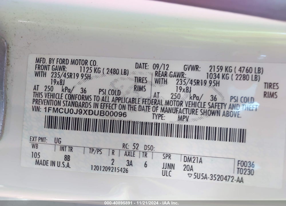 2013 FORD ESCAPE TITANIUM VIN: 1FMCU0J9XDUB00096