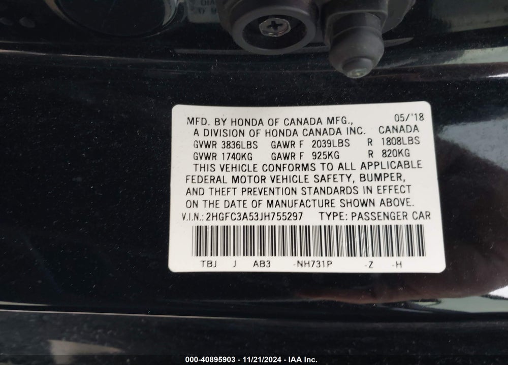2018 HONDA CIVIC VIN: 2HGFC3A53JH755297