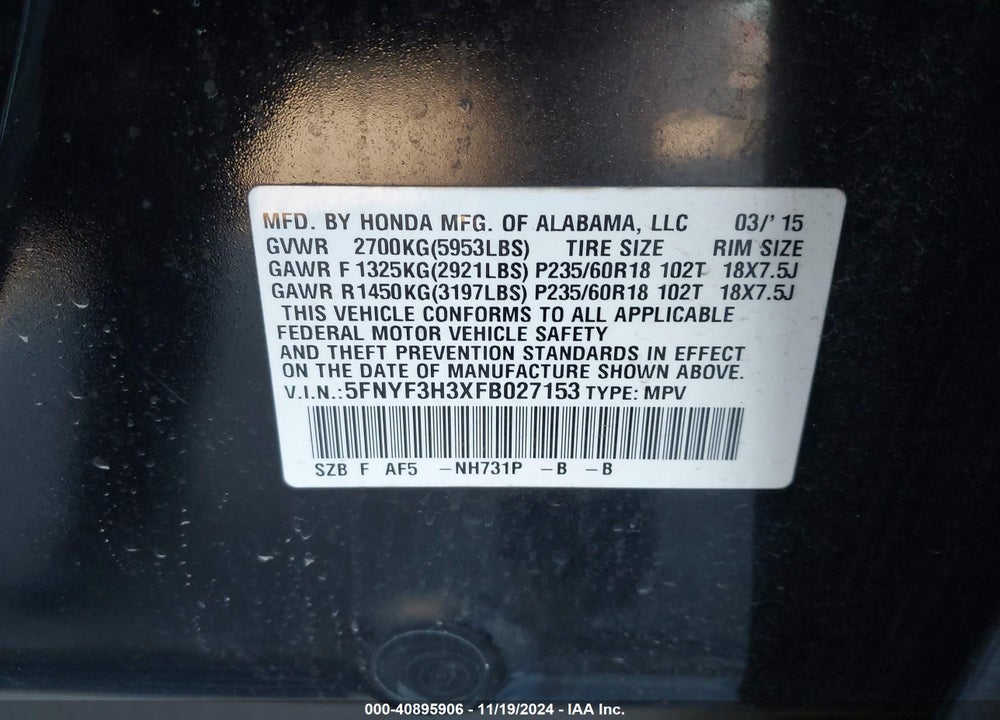 2015 HONDA PILOT SE VIN: 5FNYF3H3XFB027153