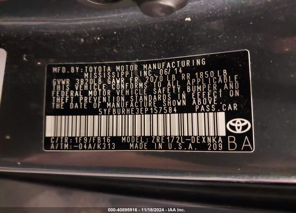 2014 TOYOTA COROLLA LE VIN: 5YFBURHE3EP157584