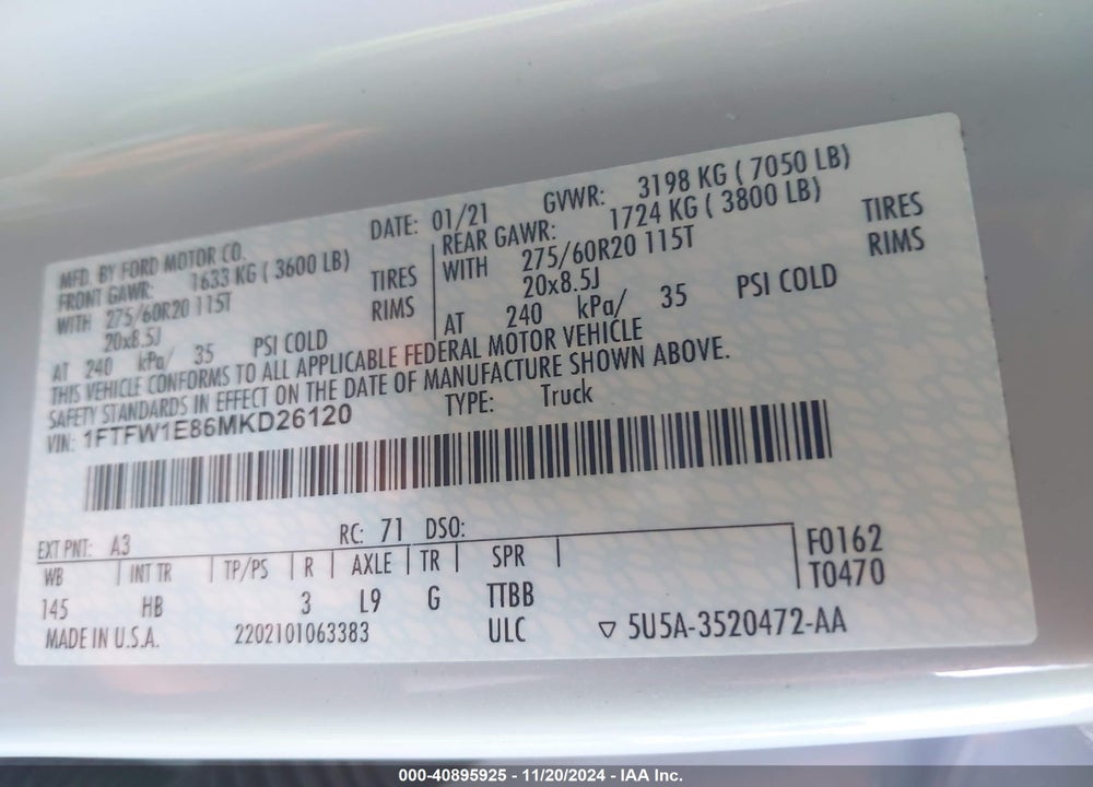 2021 FORD F150 VIN: 1FTFW1E86MKD26120