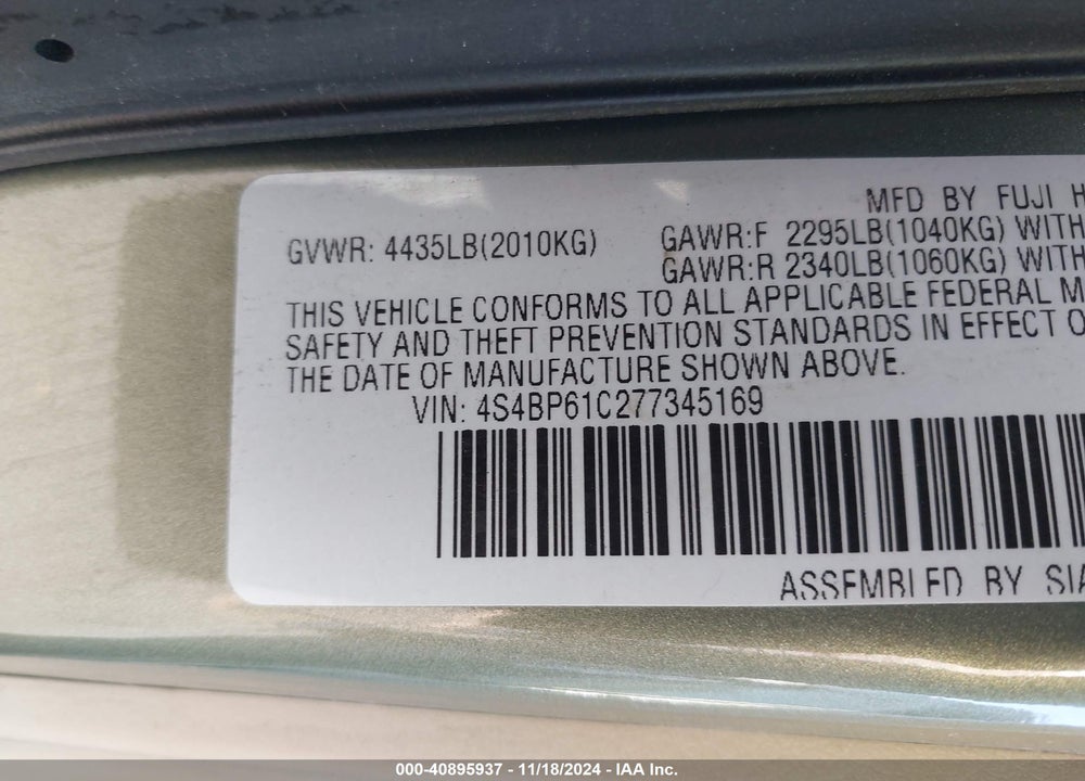 2007 SUBARU OUTBACK 2.5I/2.5I BASIC/2.5I L.L. BEAN EDITION VIN: 4S4BP61C277345169