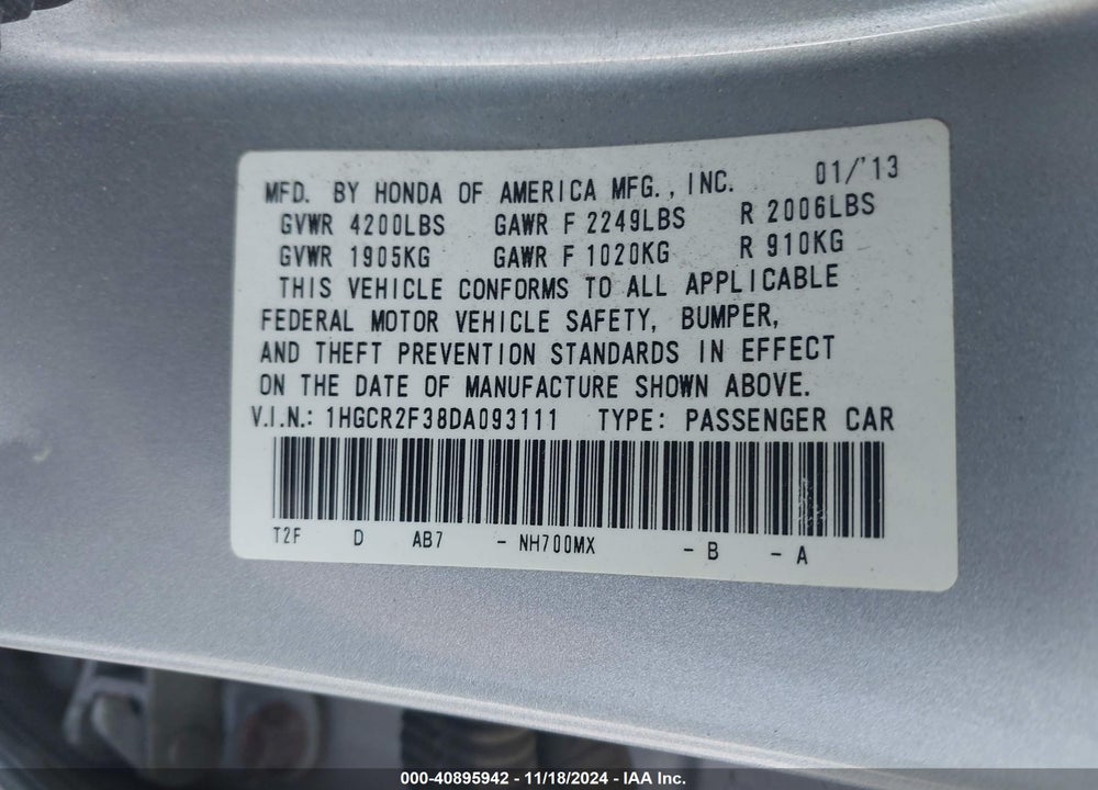 2013 HONDA ACCORD LX VIN: 1HGCR2F38DA093111