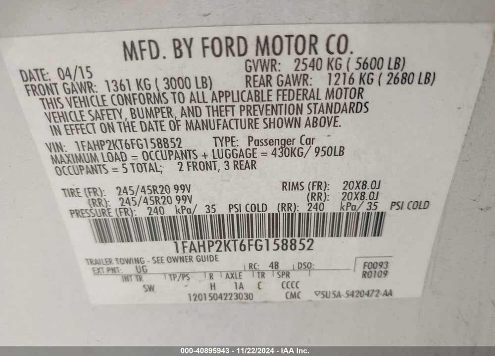 2015 FORD TAURUS SHO VIN: 1FAHP2KT6FG158852