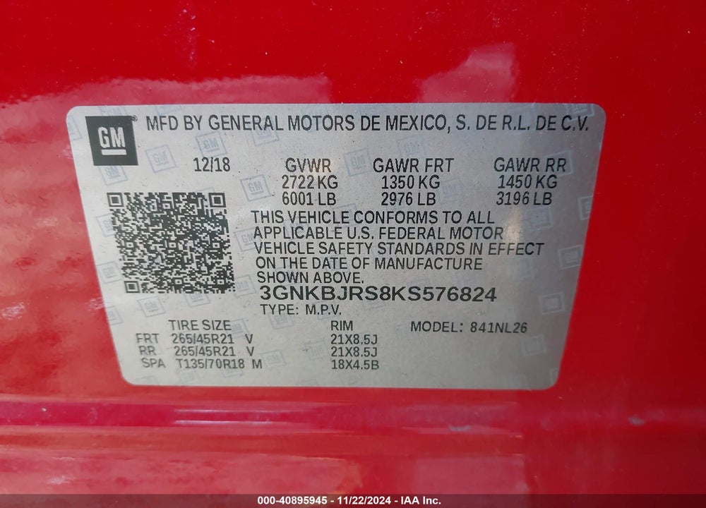 2019 CHEVROLET BLAZER RS VIN: 3GNKBJRS8KS576824