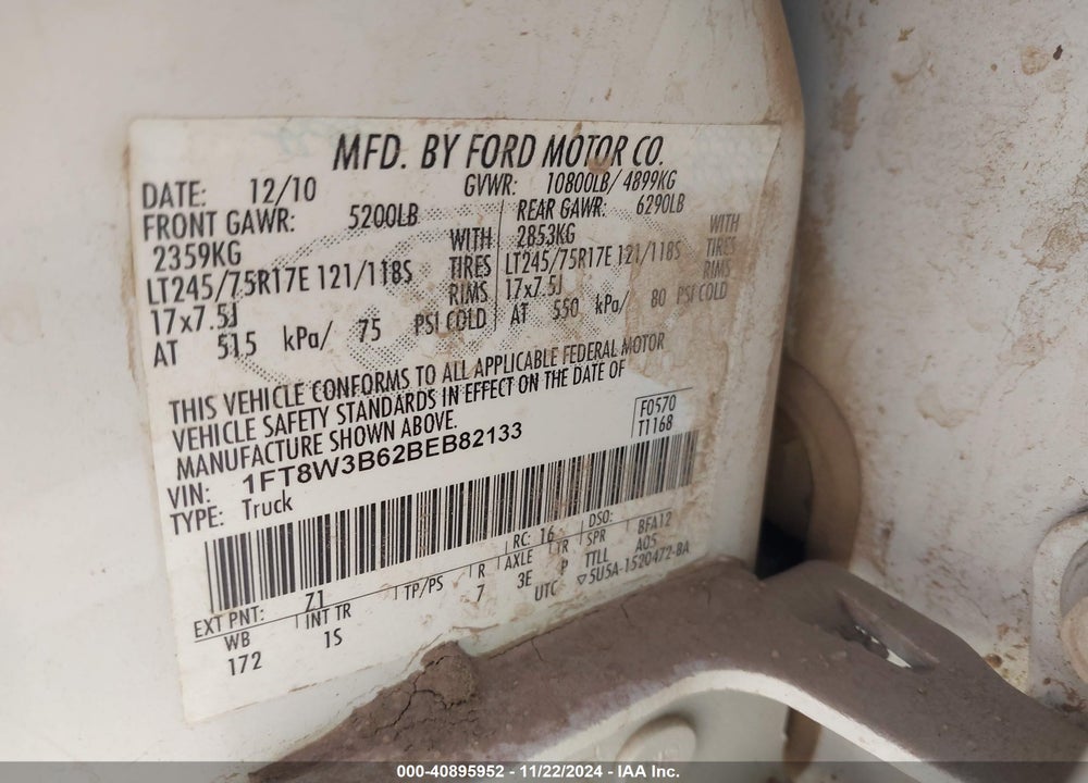 2011 FORD F-350 XL VIN: 1FT8W3B62BEB82133