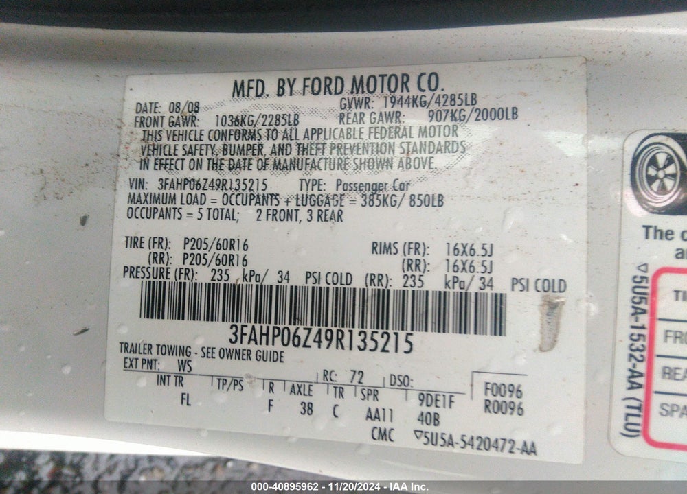 2009 FORD FUSION S VIN: 3FAHP06Z49R135215