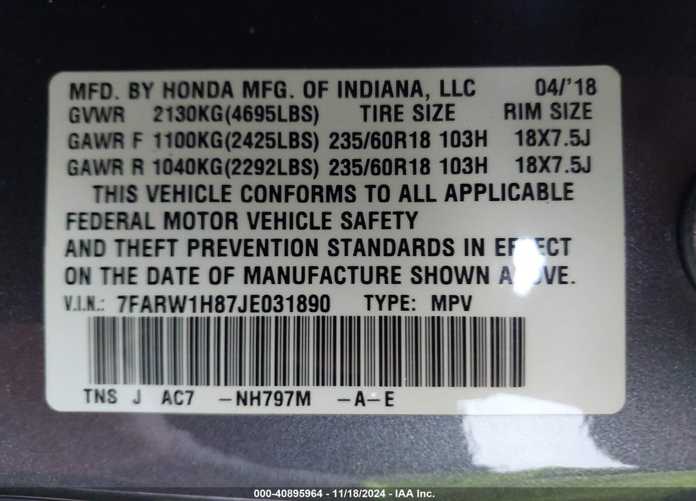 2018 HONDA CR-V EX-L/EX-L NAVI VIN: 7FARW1H87JE031890