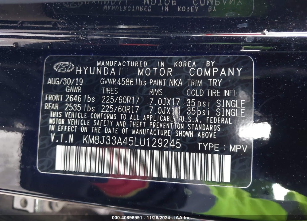 2020 HYUNDAI TUCSON VALUE VIN: KM8J33A45LU129245