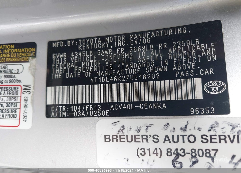 2007 TOYOTA CAMRY LE VIN: 4T1BE46K27U518202