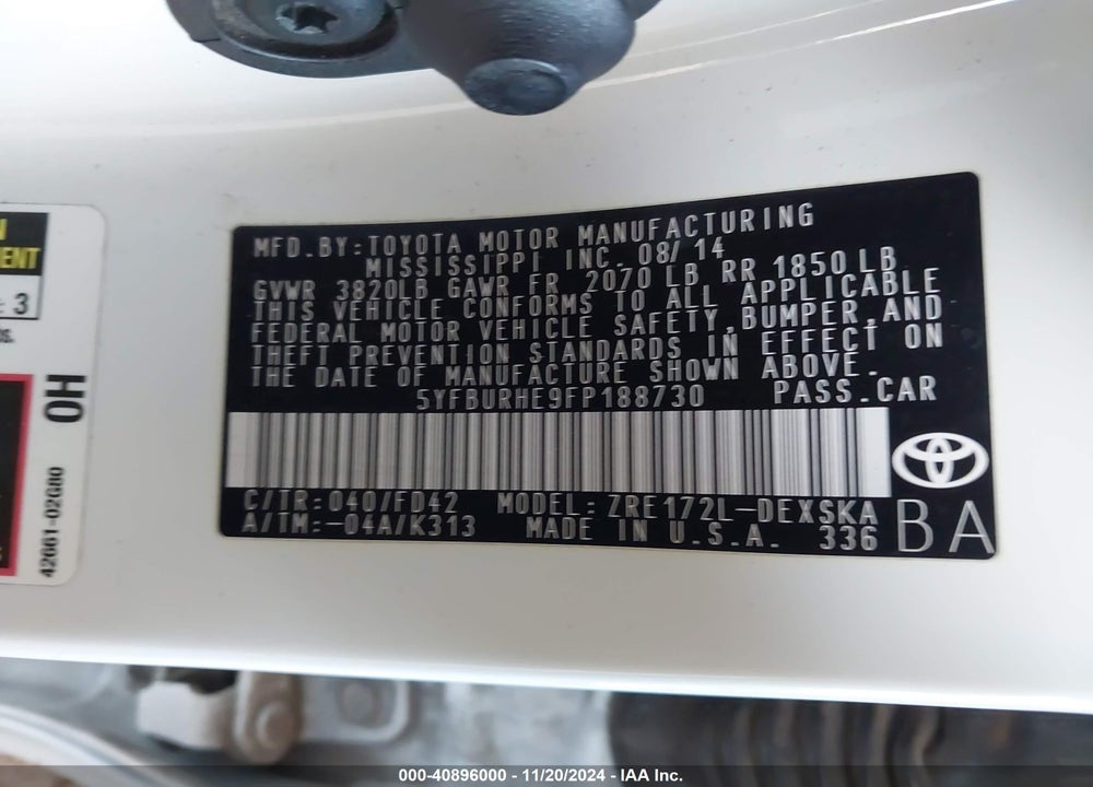 2015 TOYOTA COROLLA S PLUS VIN: 5YFBURHE9FP188730