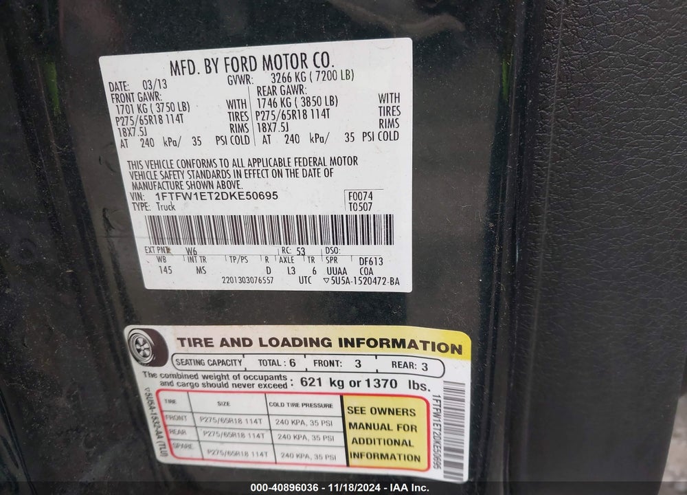 2013 FORD F-150 XLT VIN: 1FTFW1ET2DKE50695