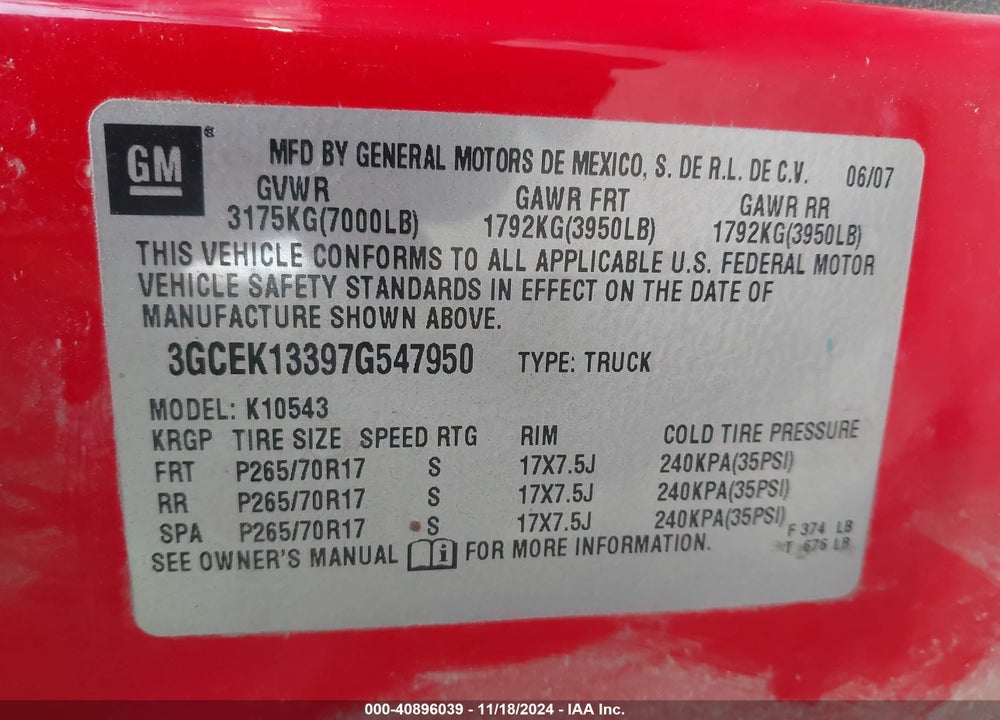 2007 CHEVROLET SILVERADO 1500 LT1 VIN: 3GCEK13397G547950