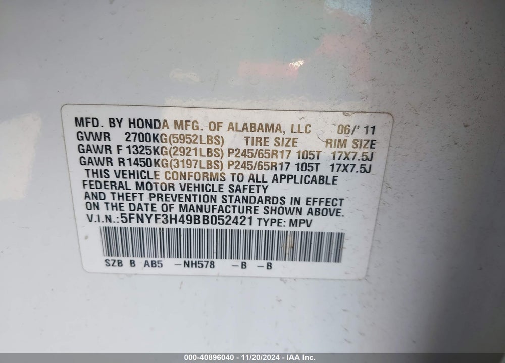 2011 HONDA PILOT EX VIN: 5FNYF3H49BB052421