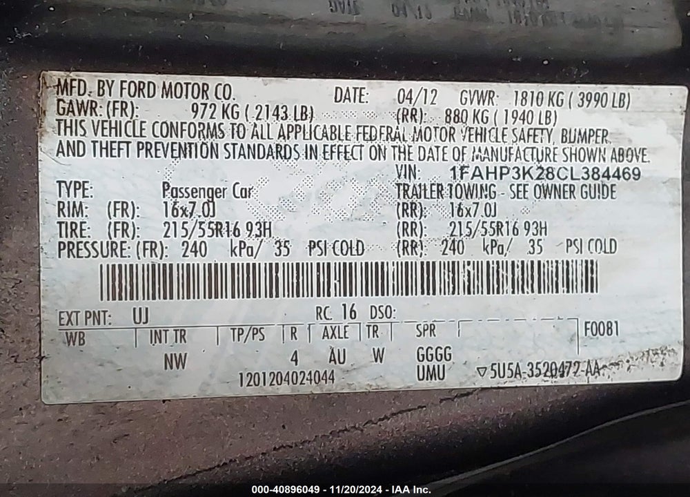 2012 FORD FOCUS SE VIN: 1FAHP3K28CL384469