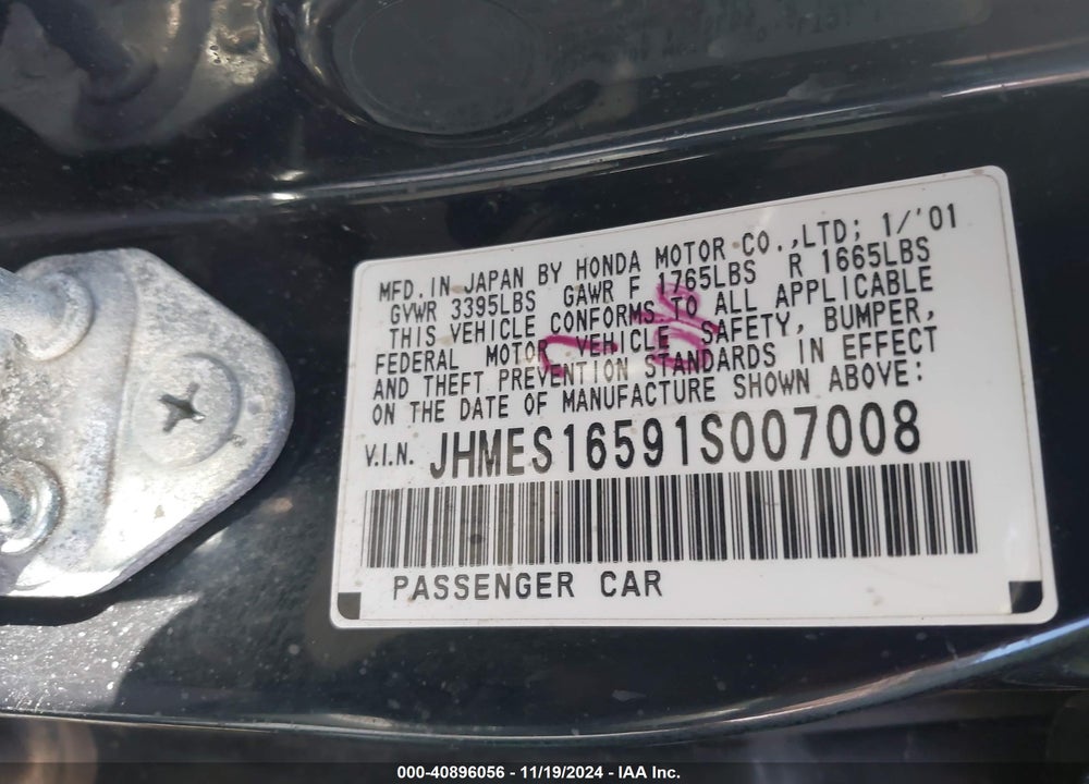 2001 HONDA CIVIC LX VIN: JHMES16591S007008