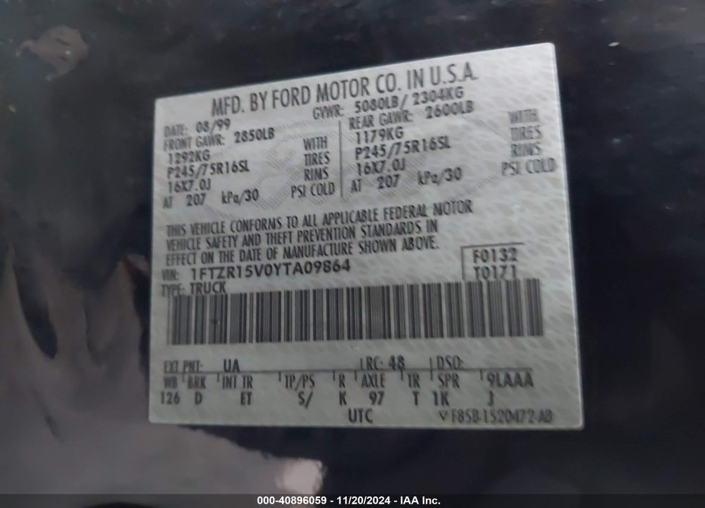 2000 FORD RANGER XL/XLT VIN: 1FTZR15V0YTA09864