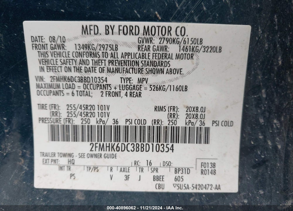 2011 FORD FLEX VIN: 2FMHK6DC3BBD10354