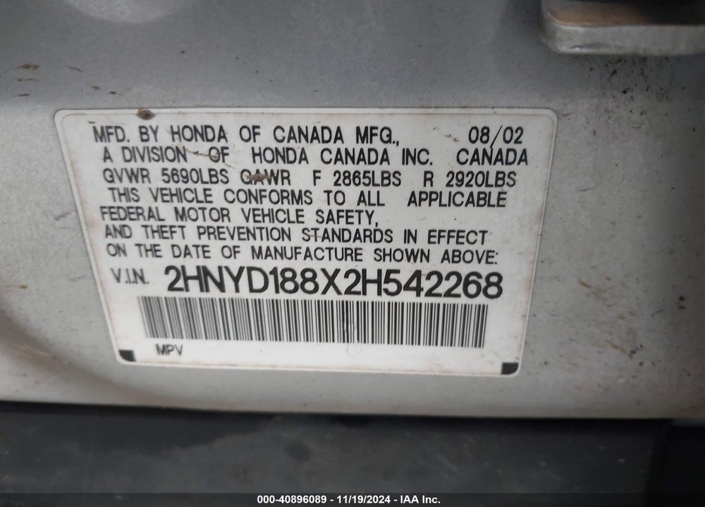 2002 ACURA MDX VIN: 2HNYD188X2H542268