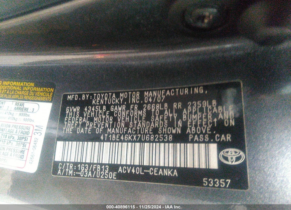2007 TOYOTA CAMRY LE VIN: 4T1BE46KX7U682538