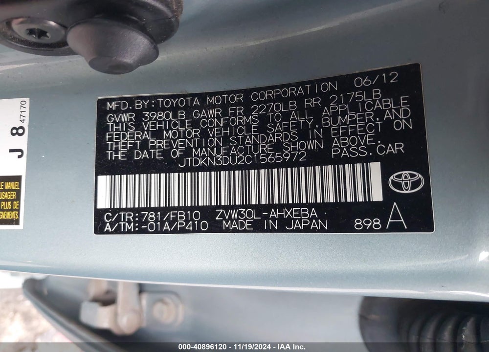 2012 TOYOTA PRIUS TWO VIN: JTDKN3DU2C1565972