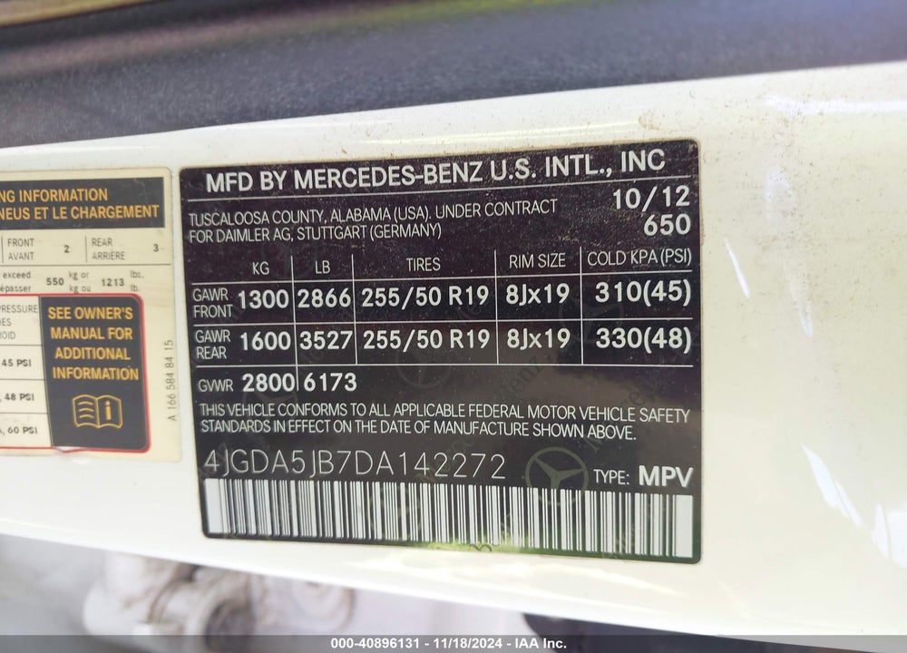 2013 MERCEDES-BENZ ML 350 VIN: 4JGDA5JB7DA142272