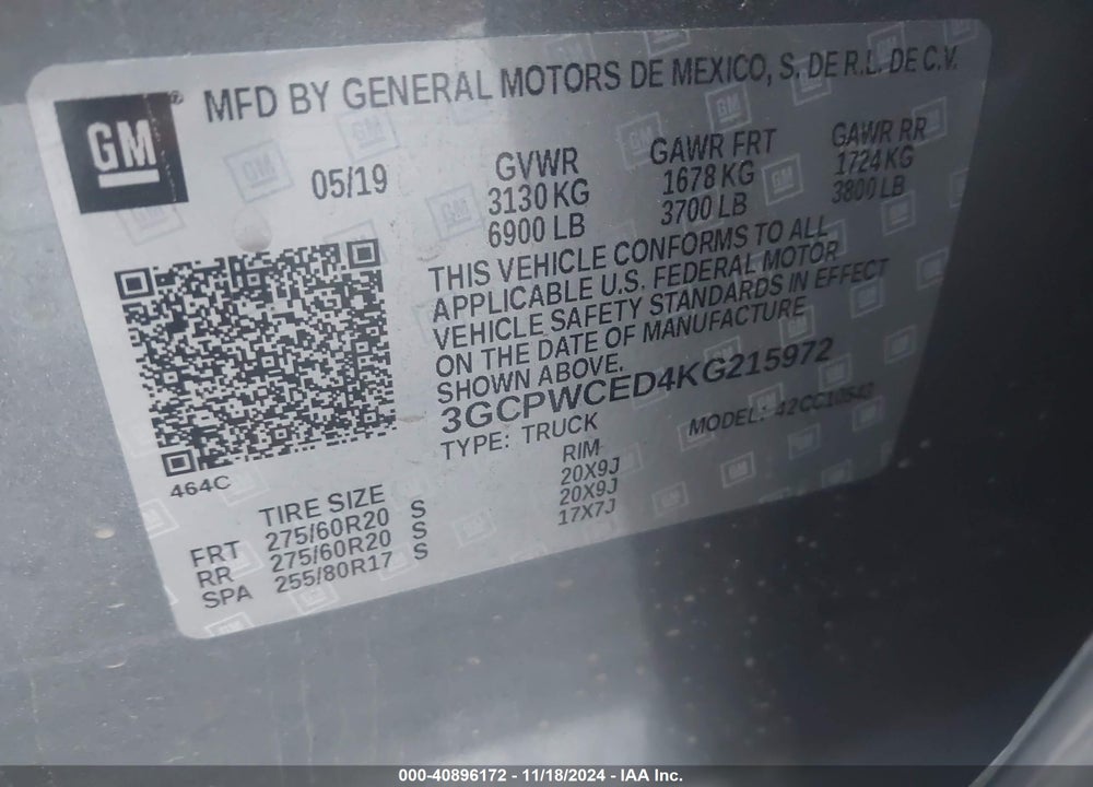 2019 CHEVROLET SILVERADO 1500 LT VIN: 3GCPWCED4KG215972