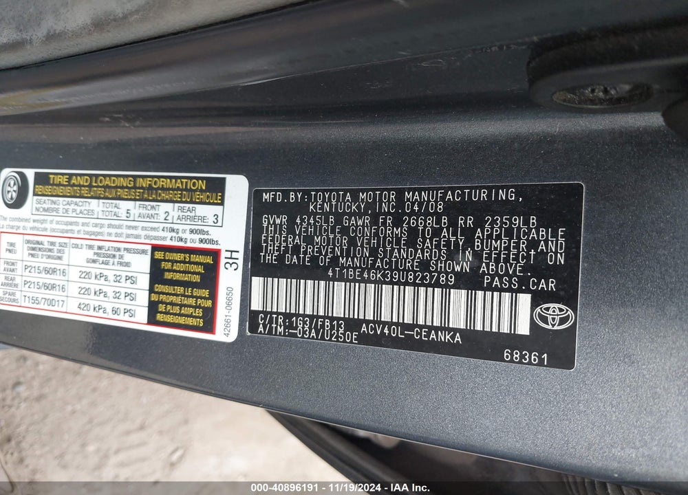 2009 TOYOTA CAMRY LE VIN: 4T1BE46K39U823789