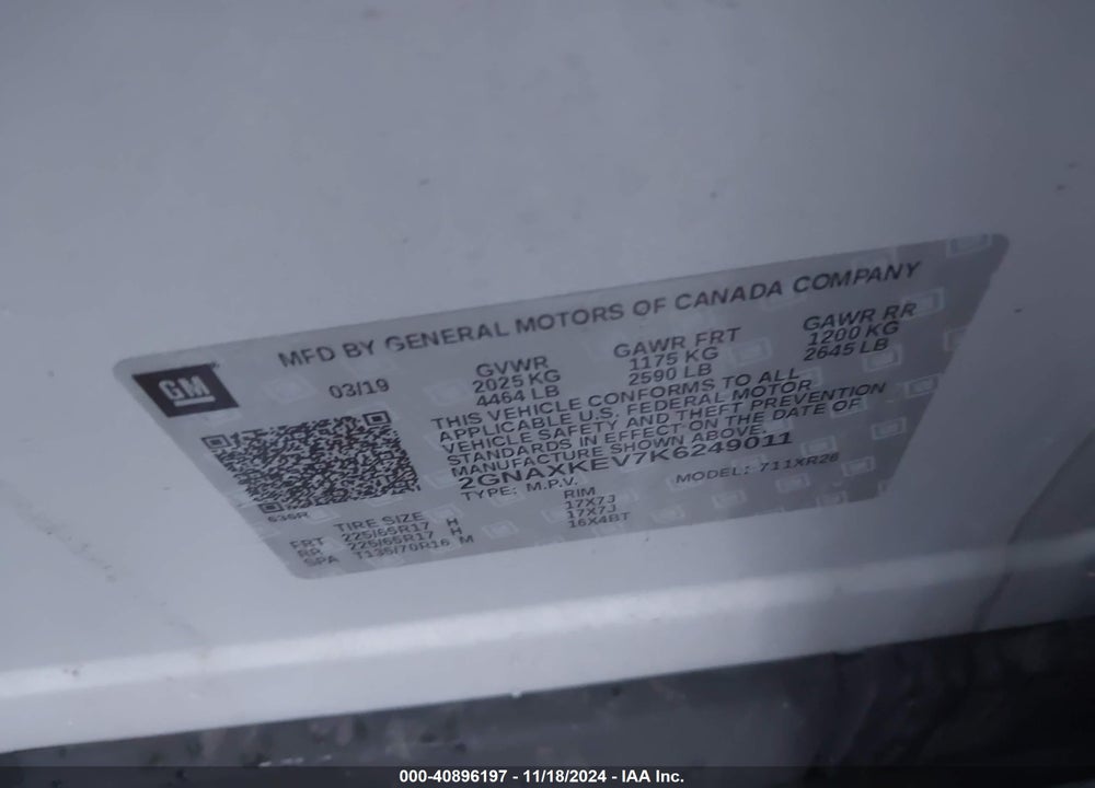 2019 CHEVROLET EQUINOX LT VIN: 2GNAXKEV7K6249011