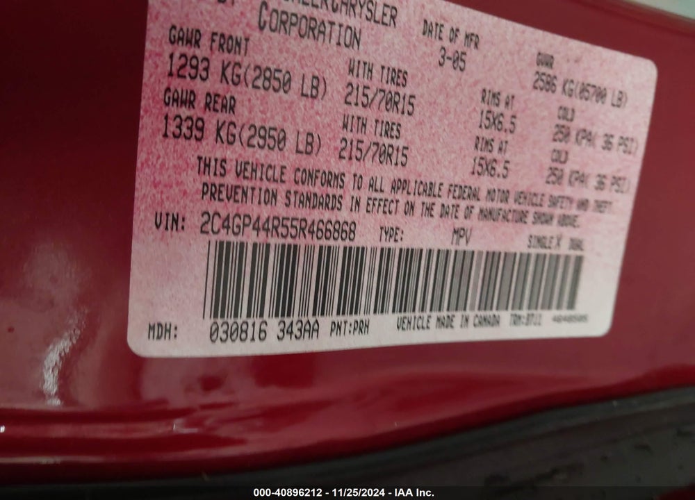 2005 CHRYSLER TOWN & COUNTRY LX VIN: 2C4GP44R55R466868