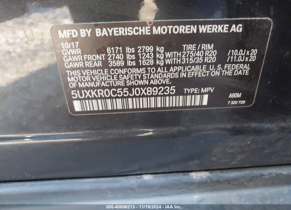2018 BMW X5 XDRIVE35I VIN: 5UXKR0C55J0X89235