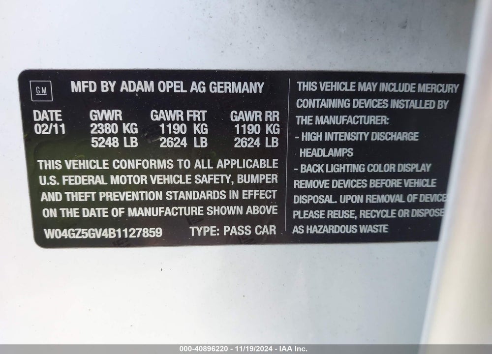 2011 BUICK REGAL CXL TURBO RUSSELSHEIM VIN: W04GZ5GV4B1127859